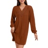 image:imageLYANER Womens Lace Trim V Neck Long Sleeve Pleated Ribbed Knit Loose Sleepwear NightgownCaramel