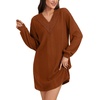 image:imageLYANER Womens Lace Trim V Neck Long Sleeve Pleated Ribbed Knit Loose Sleepwear NightgownCaramel