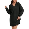 image:imageLYANER Womens Lace Trim V Neck Long Sleeve Pleated Ribbed Knit Loose Sleepwear NightgownDark Gray