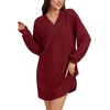 image:imageLYANER Womens Lace Trim V Neck Long Sleeve Pleated Ribbed Knit Loose Sleepwear NightgownWine Red