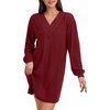 image:imageLYANER Womens Lace Trim V Neck Long Sleeve Pleated Ribbed Knit Loose Sleepwear NightgownWine Red
