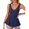 image:imageLYANER Womens Lace Trim V Neck Tank Tops  Summer Sleeveless Ruched Ruffle Flowy Babydoll Blouse Shirt Casual Peplum TopNavy Blue
