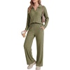 image:imageLYANER Womens Ribbed Knit Lounge Set 2 Piece Long Sleeve V Neck Cozy Pajamas Sets Soft SleepwearArmy Green