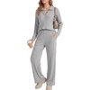 image:imageLYANER Womens Ribbed Knit Lounge Set 2 Piece Long Sleeve V Neck Cozy Pajamas Sets Soft SleepwearLight Flower Gray