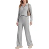 image:imageLYANER Womens Ribbed Knit Lounge Set 2 Piece Long Sleeve V Neck Cozy Pajamas Sets Soft SleepwearLight Flower Gray