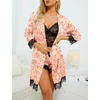 image:imageLYANER Womens Silk Satin Sexy Pajamas Set  Floral Lace Cami Pjs Sleepwear Comfy Soft 4pcs Lingerie Nightwear with RobeCoral Pink Floral Print