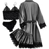 image:imageLYANER Womens Silk Satin Sexy Pajamas Set  Floral Lace Cami Pjs Sleepwear Comfy Soft 4pcs Lingerie Nightwear with RobeDark Grey