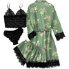 image:imageLYANER Womens Silk Satin Sexy Pajamas Set  Floral Lace Cami Pjs Sleepwear Comfy Soft 4pcs Lingerie Nightwear with RobeGreen Print