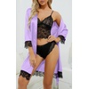 image:imageLYANER Womens Silk Satin Sexy Pajamas Set  Floral Lace Cami Pjs Sleepwear Comfy Soft 4pcs Lingerie Nightwear with RobeLight Purple