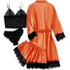 image:imageLYANER Womens Silk Satin Sexy Pajamas Set  Floral Lace Cami Pjs Sleepwear Comfy Soft 4pcs Lingerie Nightwear with RobeOrange