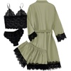 image:imageLYANER Womens Silk Satin Sexy Pajamas Set  Floral Lace Cami Pjs Sleepwear Comfy Soft 4pcs Lingerie Nightwear with RobePea Green