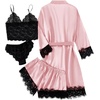 image:imageLYANER Womens Silk Satin Sexy Pajamas Set  Floral Lace Cami Pjs Sleepwear Comfy Soft 4pcs Lingerie Nightwear with RobePure Pink