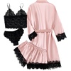 image:imageLYANER Womens Silk Satin Sexy Pajamas Set  Floral Lace Cami Pjs Sleepwear Comfy Soft 4pcs Lingerie Nightwear with RobeSolid Pink