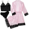 image:imageLYANER Womens Silk Satin Sexy Pajamas Set  Floral Lace Cami Pjs Sleepwear Comfy Soft 4pcs Lingerie Nightwear with RobeWhite Pink Stripe