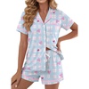 image:imageLYANER Womens Cotton Pajamas Set Button Short Sleeve Shirt with Shorts Set PJs LoungewearSky Blue Print