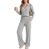image:imageLYANER Womens Ribbed Knit Lounge Set 2 Piece Long Sleeve V Neck Cozy Pajamas Sets Soft SleepwearLight Flower Gray