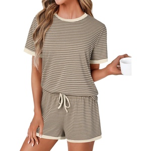image:imageLYANER Womens 2 Piece Cute Lounge Set  Striped Crew neck Short Sleeve Tops and Shorts Soft Sleepwear Pajama Sets for WomenKhaki