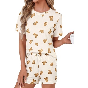 image:imageLYANER Womens 2 Piece Cute Lounge Set  Striped Crew neck Short Sleeve Tops and Shorts Soft Sleepwear Pajama Sets for WomenLight Brown Bear