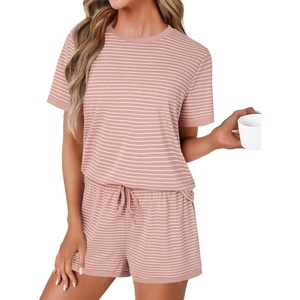 image:imageLYANER Womens 2 Piece Cute Lounge Set  Striped Crew neck Short Sleeve Tops and Shorts Soft Sleepwear Pajama Sets for WomenPink
