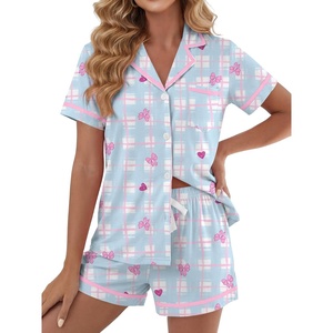image:imageLYANER Womens Cotton Pajamas Set Button Short Sleeve Shirt with Shorts Set PJs LoungewearSky Blue Print