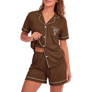 image:imageLYANER Womens Heart Print Pajamas Sets  Button Short Sleeve Shirt With Elastic High Waisted Shorts Sleepwear Pjs Lounge SetBrown