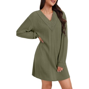 image:imageLYANER Womens Lace Trim V Neck Long Sleeve Pleated Ribbed Knit Loose Sleepwear NightgownArmy Green