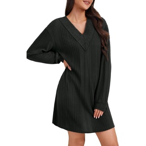 image:imageLYANER Womens Lace Trim V Neck Long Sleeve Pleated Ribbed Knit Loose Sleepwear NightgownDark Gray