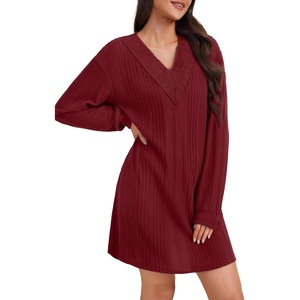 image:imageLYANER Womens Lace Trim V Neck Long Sleeve Pleated Ribbed Knit Loose Sleepwear NightgownWine Red