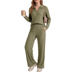 image:imageLYANER Womens Ribbed Knit Lounge Set 2 Piece Long Sleeve V Neck Cozy Pajamas Sets Soft SleepwearArmy Green