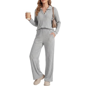 image:imageLYANER Womens Ribbed Knit Lounge Set 2 Piece Long Sleeve V Neck Cozy Pajamas Sets Soft SleepwearLight Flower Gray