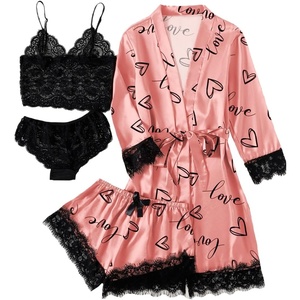 image:imageLYANER Womens Silk Satin Sexy Pajamas Set  Floral Lace Cami Pjs Sleepwear Comfy Soft 4pcs Lingerie Nightwear with RobeCoral Pink Print