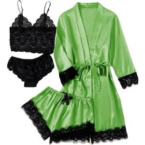 image:imageLYANER Womens Silk Satin Sexy Pajamas Set  Floral Lace Cami Pjs Sleepwear Comfy Soft 4pcs Lingerie Nightwear with RobeGreen