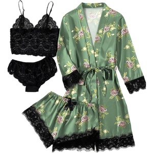 image:imageLYANER Womens Silk Satin Sexy Pajamas Set  Floral Lace Cami Pjs Sleepwear Comfy Soft 4pcs Lingerie Nightwear with RobeGreen Print
