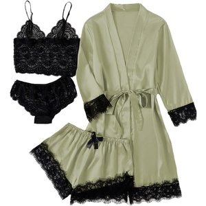 image:imageLYANER Womens Silk Satin Sexy Pajamas Set  Floral Lace Cami Pjs Sleepwear Comfy Soft 4pcs Lingerie Nightwear with RobePea Green