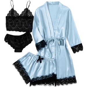 image:imageLYANER Womens Silk Satin Sexy Pajamas Set  Floral Lace Cami Pjs Sleepwear Comfy Soft 4pcs Lingerie Nightwear with RobePure Light Purple