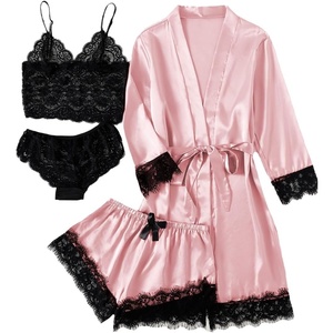 image:imageLYANER Womens Silk Satin Sexy Pajamas Set  Floral Lace Cami Pjs Sleepwear Comfy Soft 4pcs Lingerie Nightwear with RobePure Pink