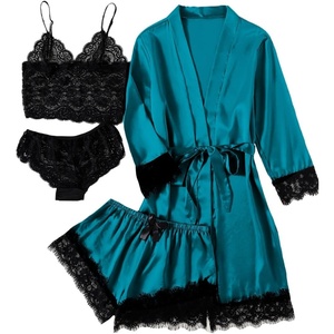 image:imageLYANER Womens Silk Satin Sexy Pajamas Set  Floral Lace Cami Pjs Sleepwear Comfy Soft 4pcs Lingerie Nightwear with RobePure Teal Blue