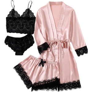 image:imageLYANER Womens Silk Satin Sexy Pajamas Set  Floral Lace Cami Pjs Sleepwear Comfy Soft 4pcs Lingerie Nightwear with RobeSolid Pink