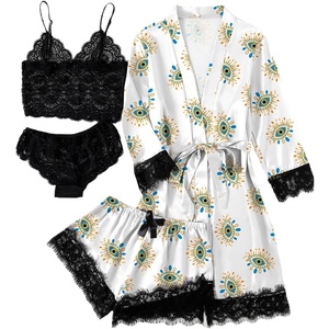 image:imageLYANER Womens Silk Satin Sexy Pajamas Set  Floral Lace Cami Pjs Sleepwear Comfy Soft 4pcs Lingerie Nightwear with RobeWhite Print