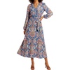 image:imageLYANER Womens Boho Tie Waist Casual Long Dress  paisley print V neck Puff long sleeve A line midi dressesBlue