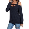 image:imageLYANER Womens Casual Cold Shoulder Hollow Out Solid Long Sleeve Blouse Tunic Shirts TopNavy Blue