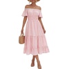 image:imageLYANER Womens Cotton Plaid Beach Midi Dress  Gingham Off Shoulder Short Sleeve Tiered Smocked Vacation SundressPink