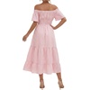 image:imageLYANER Womens Cotton Plaid Beach Midi Dress  Gingham Off Shoulder Short Sleeve Tiered Smocked Vacation SundressPink