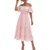 image:imageLYANER Womens Cotton Plaid Beach Midi Dress  Gingham Off Shoulder Short Sleeve Tiered Smocked Vacation SundressPink