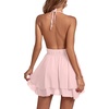 image:imageLYANER Womens Deep V Neck Sexy Mini Dress  Halter Backless Sleeveless Fit and Flare Ruched Ruffle A Line Cocktail Party Short Skater DressesBaby Pink