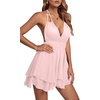 image:imageLYANER Womens Deep V Neck Sexy Mini Dress  Halter Backless Sleeveless Fit and Flare Ruched Ruffle A Line Cocktail Party Short Skater DressesBaby Pink