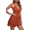 image:imageLYANER Womens Deep V Neck Sexy Mini Dress  Halter Backless Sleeveless Fit and Flare Ruched Ruffle A Line Cocktail Party Short Skater DressesBrown
