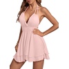 image:imageLYANER Womens Deep V Neck Sexy Mini Dress  Halter Backless Sleeveless Fit and Flare Ruched Ruffle A Line Cocktail Party Short Skater DressesLight Pink