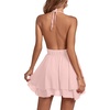 image:imageLYANER Womens Deep V Neck Sexy Mini Dress  Halter Backless Sleeveless Fit and Flare Ruched Ruffle A Line Cocktail Party Short Skater DressesLight Pink