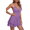 image:imageLYANER Womens Deep V Neck Sexy Mini Dress  Halter Backless Sleeveless Fit and Flare Ruched Ruffle A Line Cocktail Party Short Skater DressesLilac